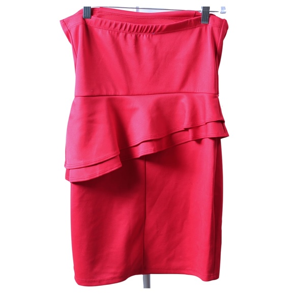Red Strapless Asymmetrical Peplum Dress - Picture 2 of 3